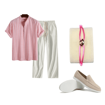 Collage of a pink and white outfit with white pants, a bracelet, and beige loafers on a white background.