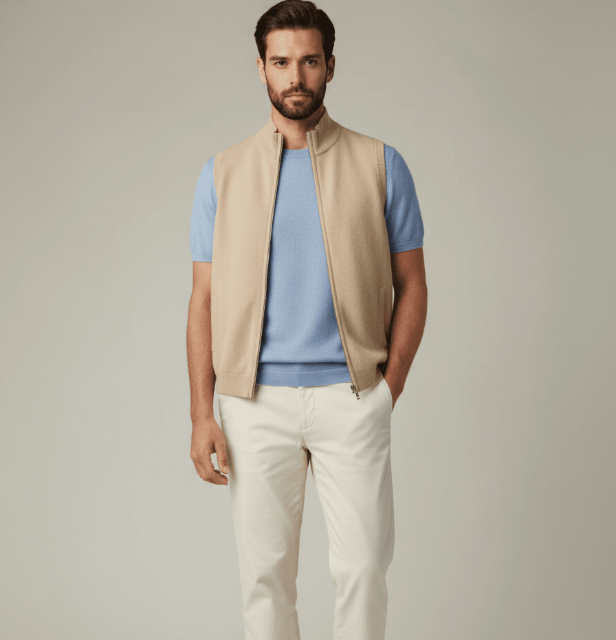 Man wearing a beige vest over a blue cashmere crewneck t-shirt with white pants on a plain background