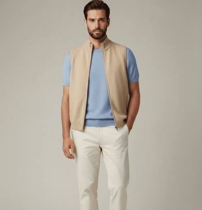 Man wearing a beige vest over a blue cashmere crewneck t-shirt with white pants on a plain background