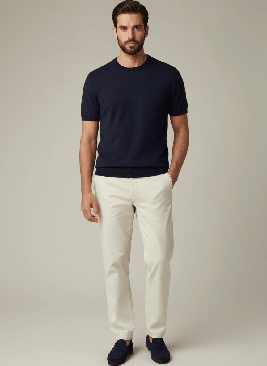 Man wearing a navy premium cashmere crewneck t-shirt and white pants against a plain background