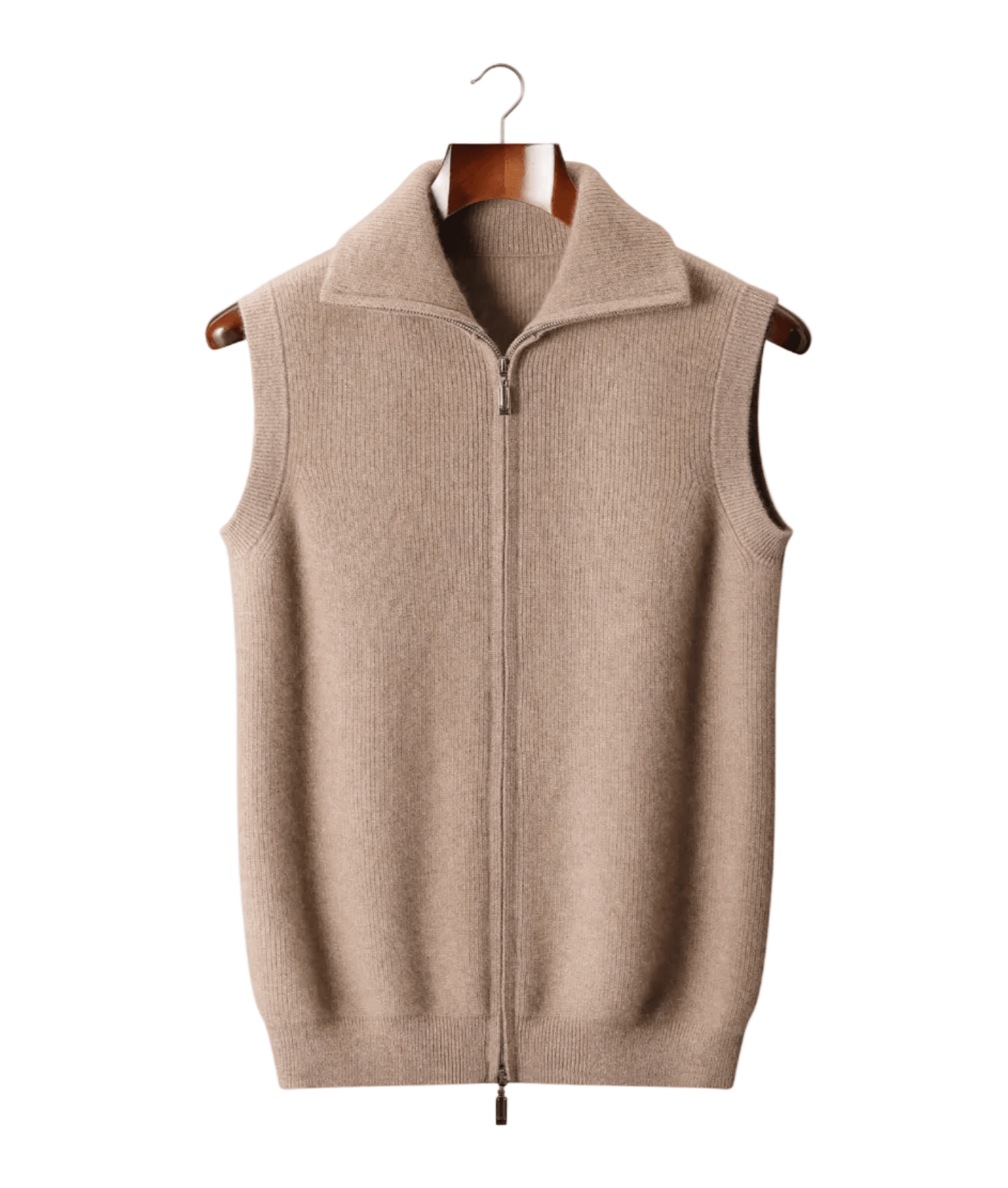 Men's camel-colored cashmere full-zip vest featuring a refined mock-neck and two-way metal zipper.