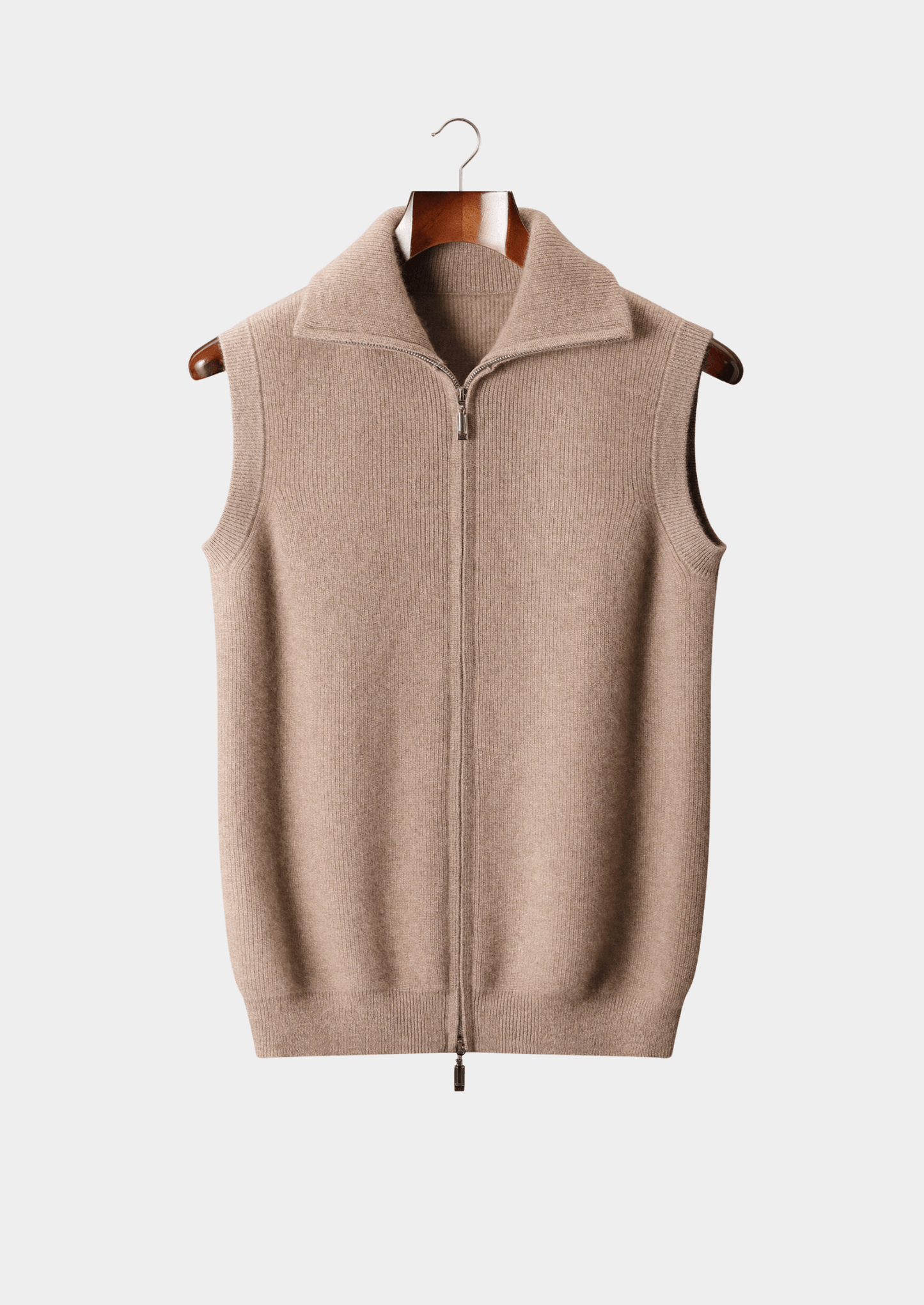 Men's camel-colored cashmere full-zip vest featuring a refined mock-neck and two-way metal zipper.