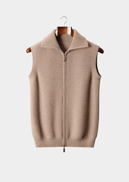Men's camel-colored cashmere full-zip vest featuring a refined mock-neck and two-way metal zipper.