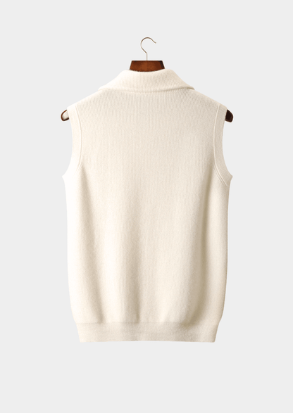 Men’s ivory cashmere zip-up vest featuring a clean, minimalist silhouette and a structured mock-neck collar for a sophisticated layered look.