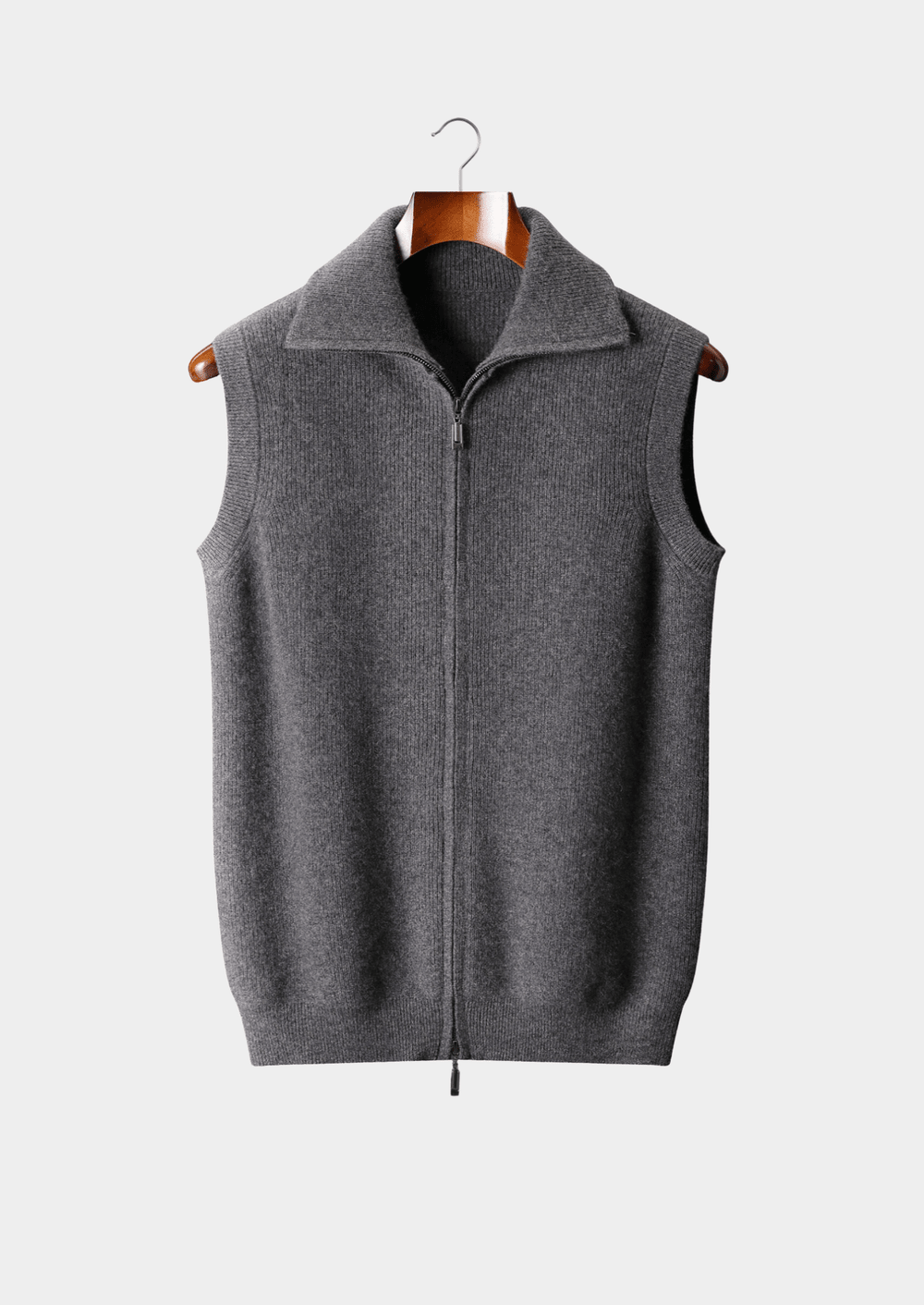 Men's heather gray cashmere full-zip vest featuring a soft-touch fine-gauge knit, a structured mock-neck collar, and a polished two-way metal zipper for versatile layering.