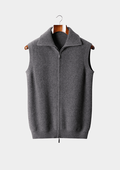 Men's heather gray cashmere full-zip vest featuring a soft-touch fine-gauge knit, a structured mock-neck collar, and a polished two-way metal zipper for versatile layering.