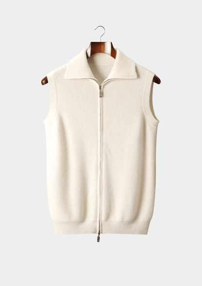 Men’s ivory cashmere zip-up vest featuring a clean, minimalist silhouette and a structured mock-neck collar for a sophisticated layered look.
