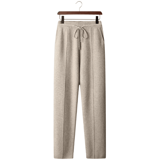 Front view of Lormier premium cashmere leisure trousers in sand beige featuring a straight-leg fit and drawstring waist.