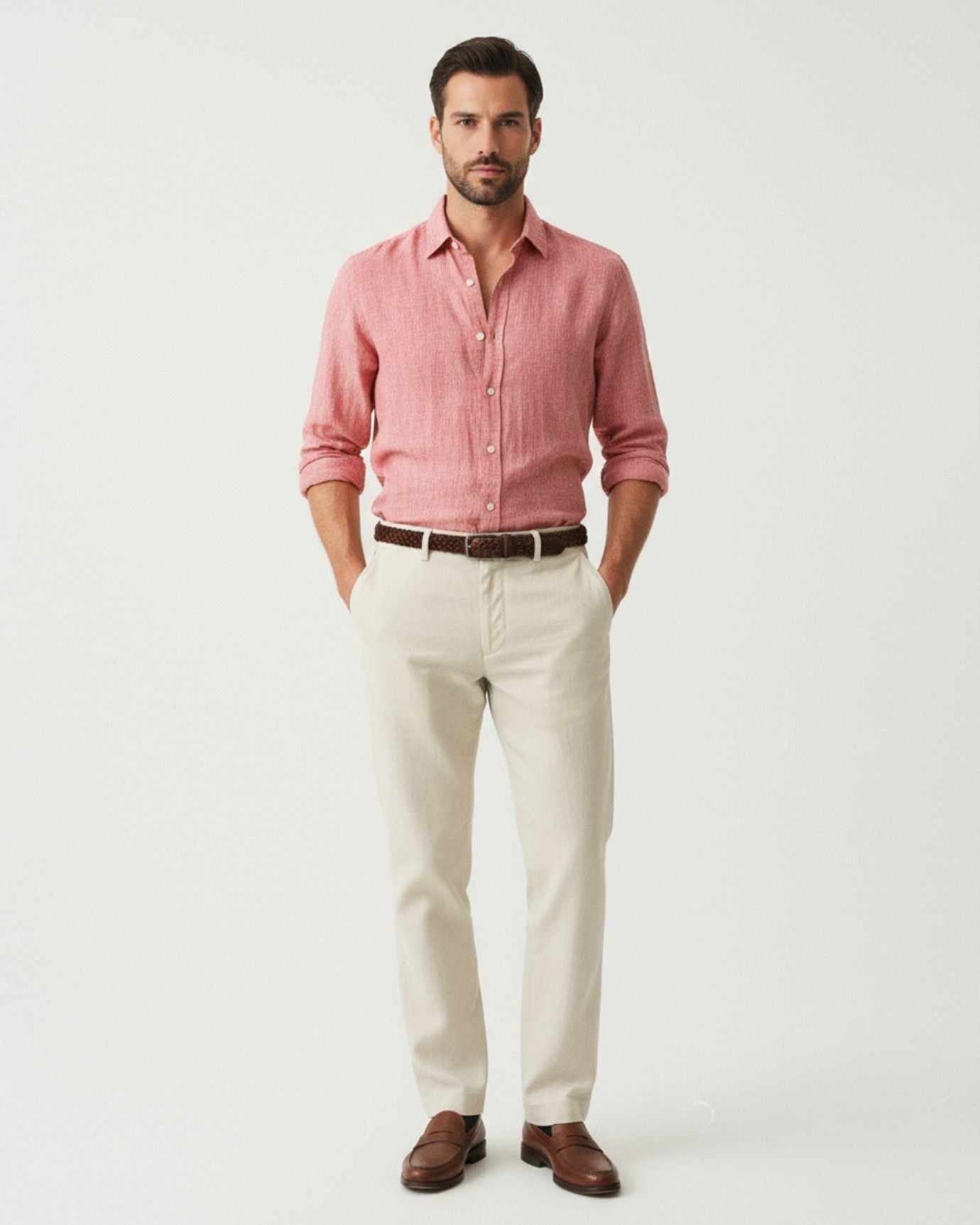 Men's premium pink linen shirt featuring a refined point collar and a breathable, lightweight summer fit.
