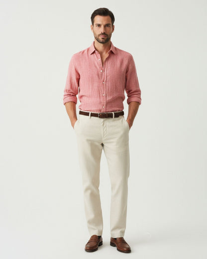 Men's premium pink linen shirt featuring a refined point collar and a breathable, lightweight summer fit.
