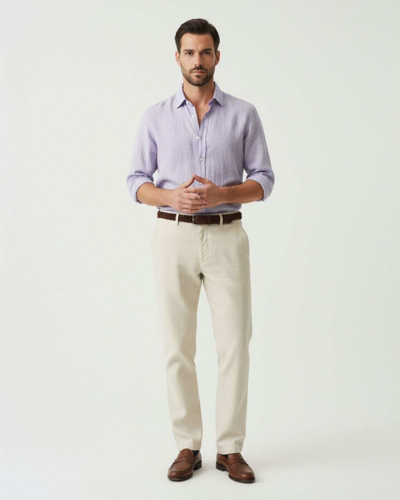Sophisticated purple fine linen leisure shirt for men, showcasing a classy short-sleeve silhouette.