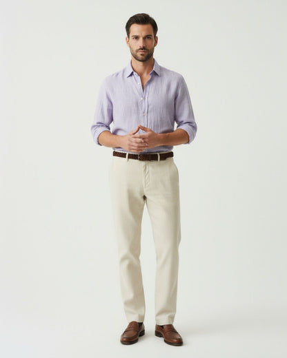 Sophisticated purple fine linen leisure shirt for men, showcasing a classy short-sleeve silhouette.