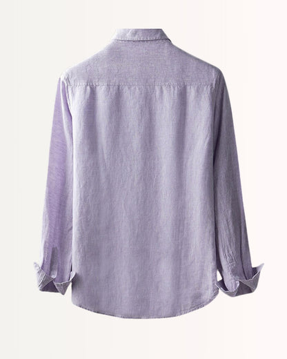 Sophisticated purple fine linen leisure shirt for men, showcasing a classy short-sleeve silhouette.