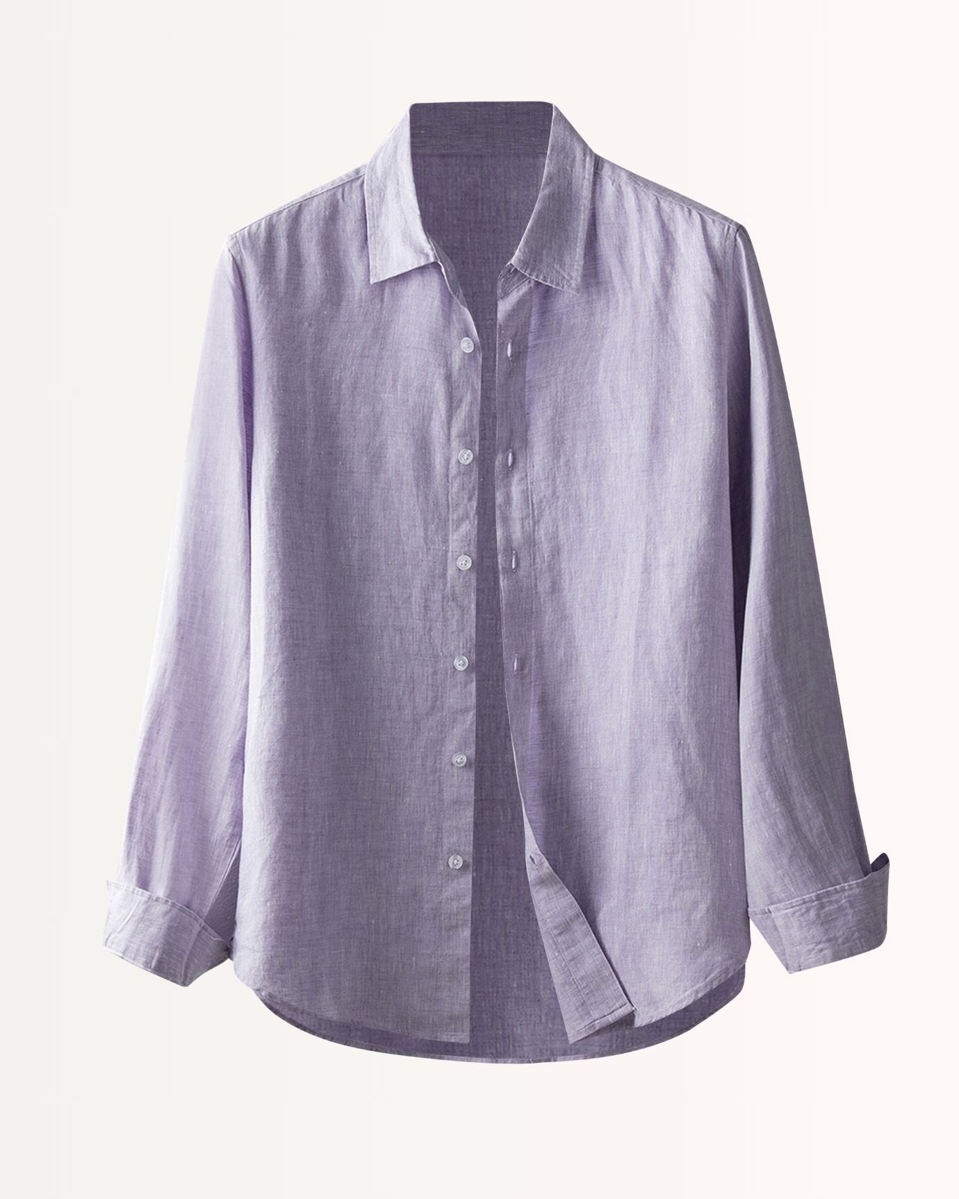 Sophisticated purple fine linen leisure shirt for men, showcasing a classy short-sleeve silhouette.