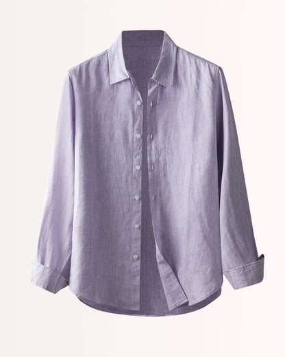 Sophisticated purple fine linen leisure shirt for men, showcasing a classy short-sleeve silhouette.