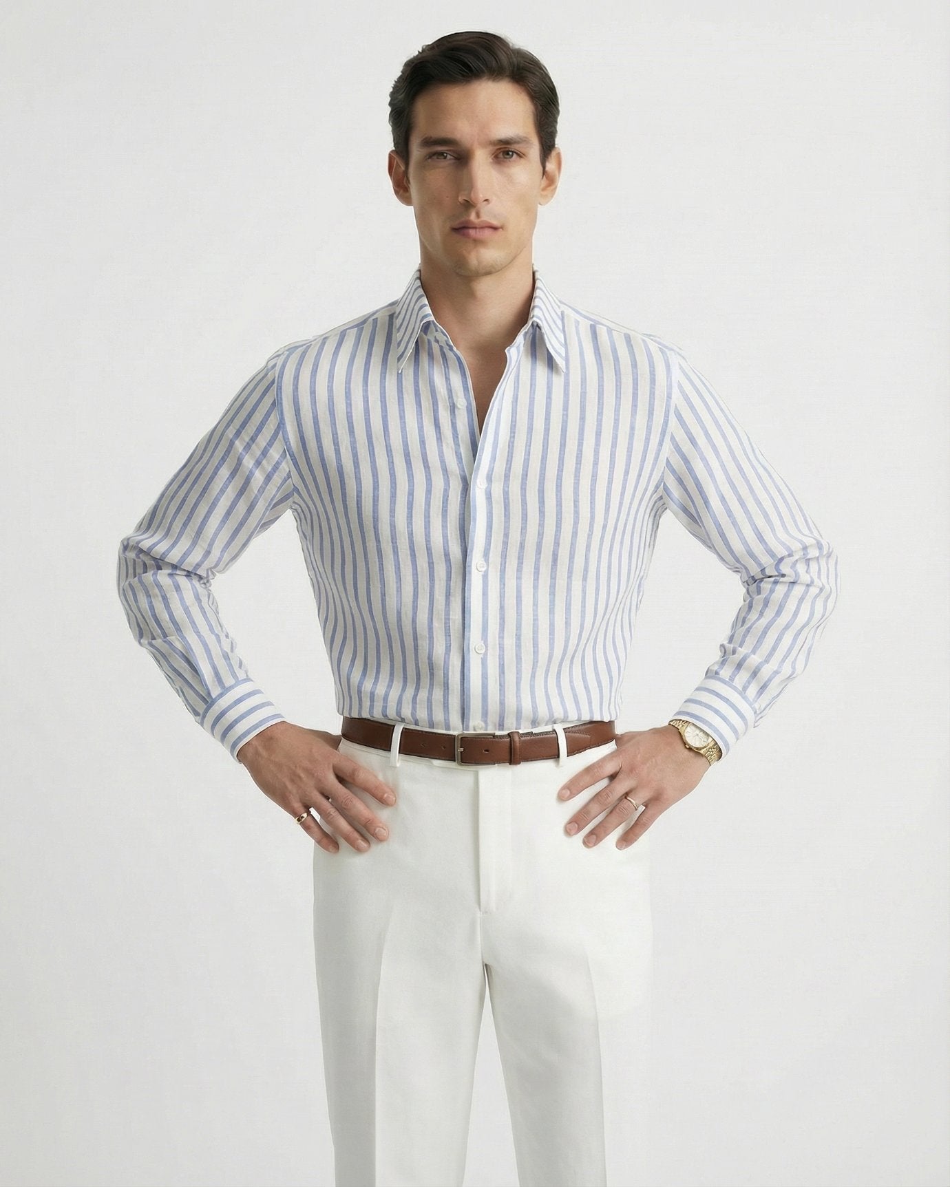 Classic blue striped premium linen shirt for men, showcasing a breathable open-weave and relaxed summer fit.