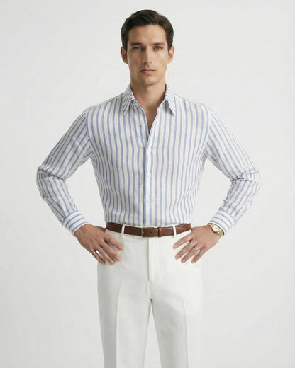 Classic blue striped premium linen shirt for men, showcasing a breathable open-weave and relaxed summer fit.