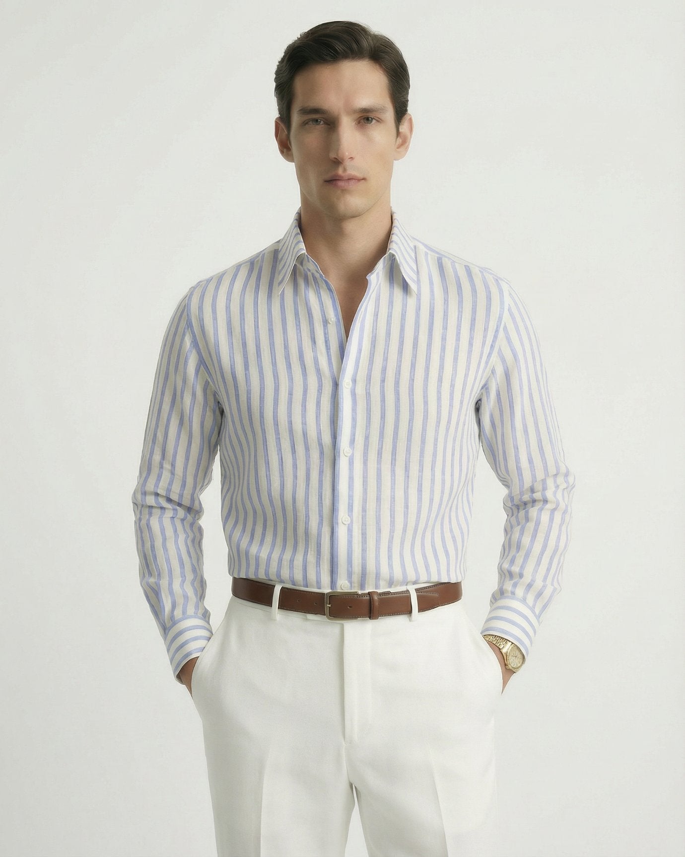 Classic blue striped premium linen shirt for men, showcasing a breathable open-weave and relaxed summer fit.