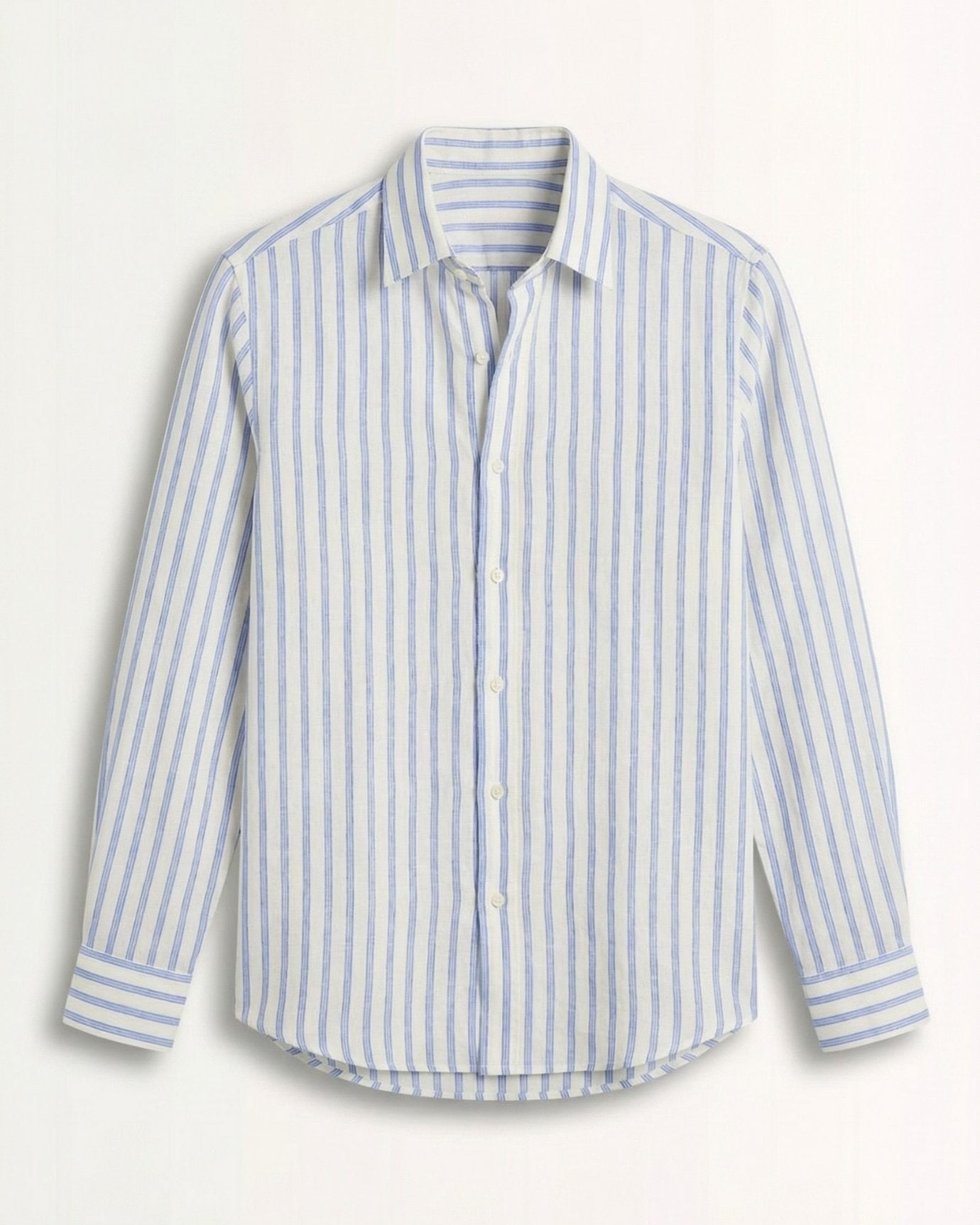 Classic blue striped premium linen shirt for men, showcasing a breathable open-weave and relaxed summer fit.