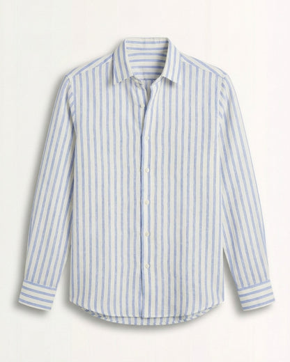 Classic blue striped premium linen shirt for men, showcasing a breathable open-weave and relaxed summer fit.