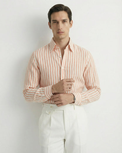 Men's orange and white vertical striped premium linen shirt featuring a short-sleeved button-down design.
