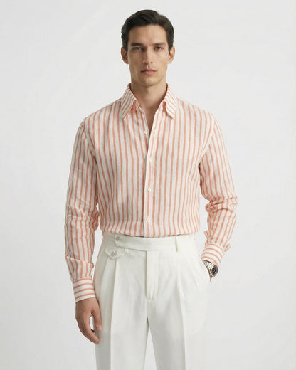 Men's orange and white vertical striped premium linen shirt featuring a short-sleeved button-down design.