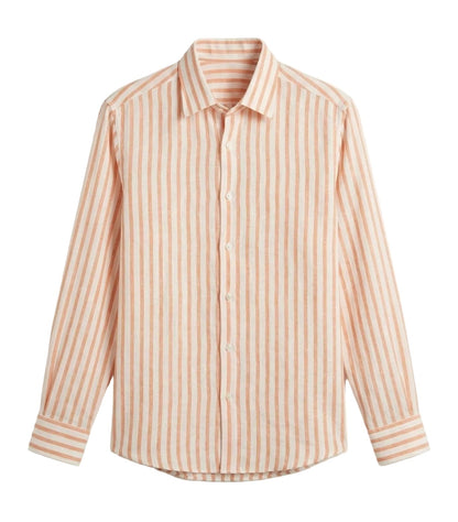 Men's orange and white vertical striped premium linen shirt featuring a short-sleeved button-down design.