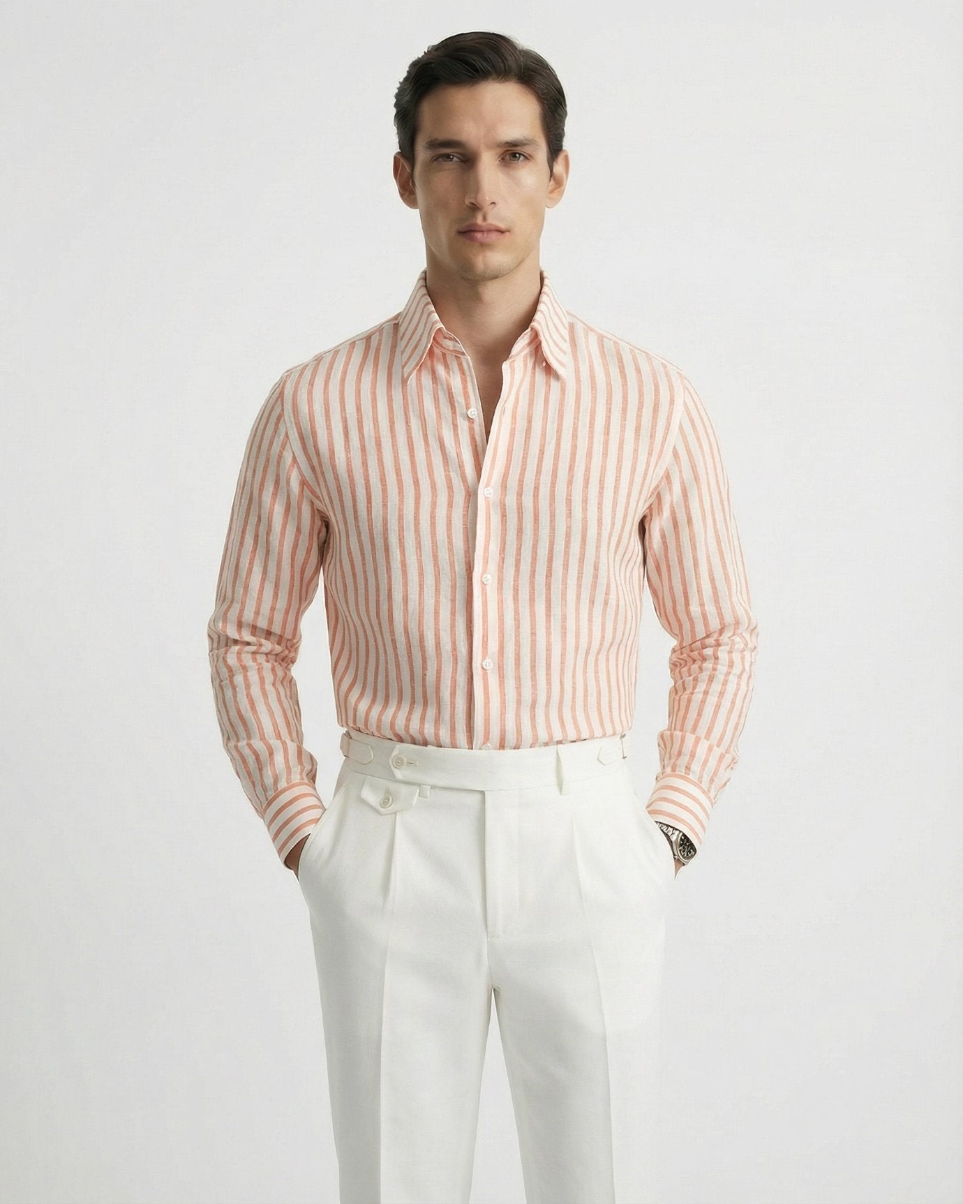 Men's orange and white vertical striped premium linen shirt featuring a short-sleeved button-down design.