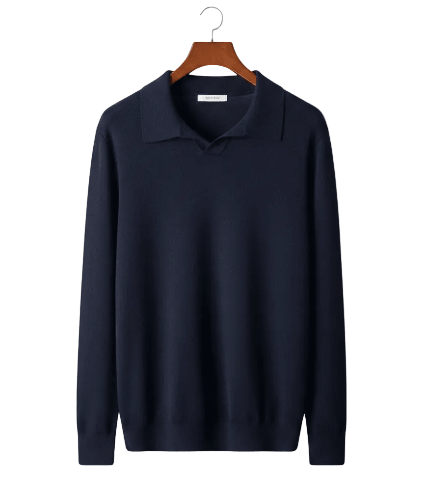 Navy blue 100% cashmere polo knit on a wooden hanger.