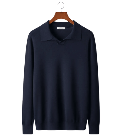 Navy blue 100% cashmere polo knit on a wooden hanger.