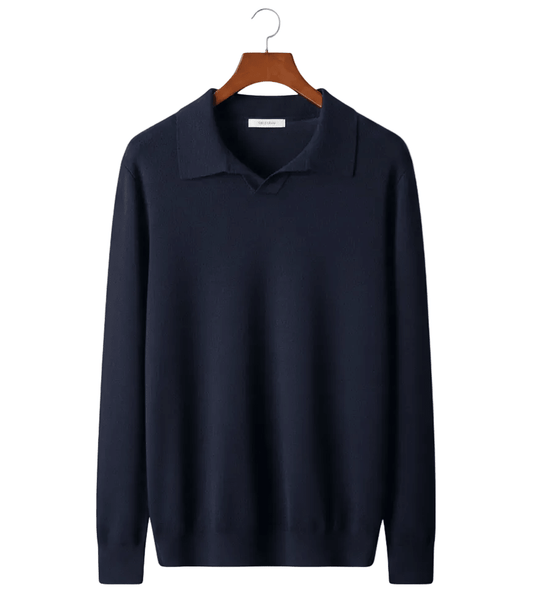Navy blue 100% cashmere polo knit on a wooden hanger.
