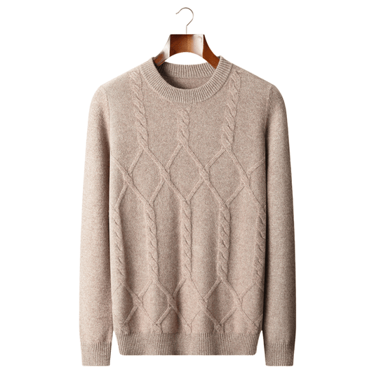 Beige sweater with cable knit pattern on a hanger against a white background