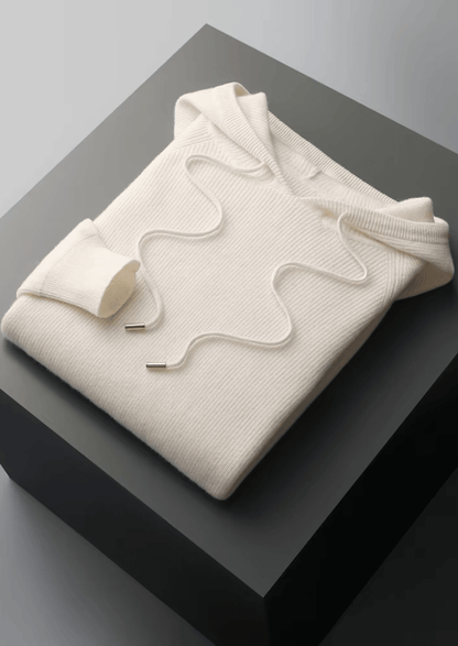 Elegant ivory white Merino wool tracksuit featuring a soft-touch knit hoodie and matching tailored joggers with tonal stripes.