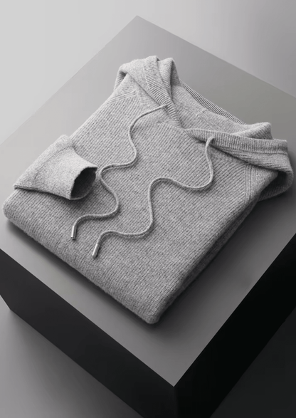 Men’s heather gray Merino wool tracksuit featuring a pullover hoodie and joggers with signature white stripes on the sleeve and thigh.