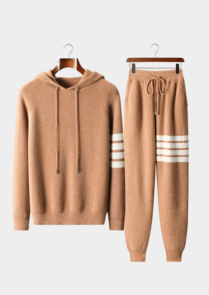 Rich camel color Merino wool striped tracksuit sweater set, highlighting the luxury knit texture and athletic-inspired four-stripe design.
