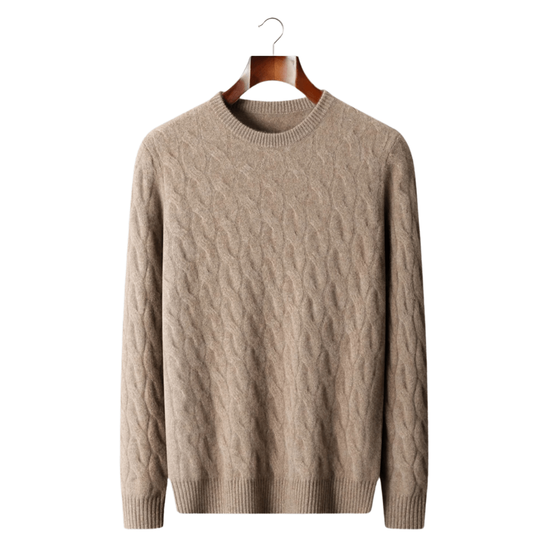 Beige cable knit sweater on a wooden hanger against a white background