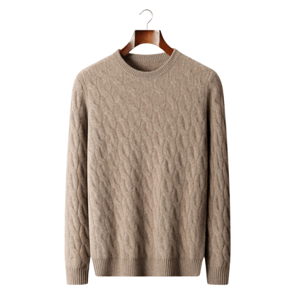 Beige cable knit sweater on a wooden hanger against a white background