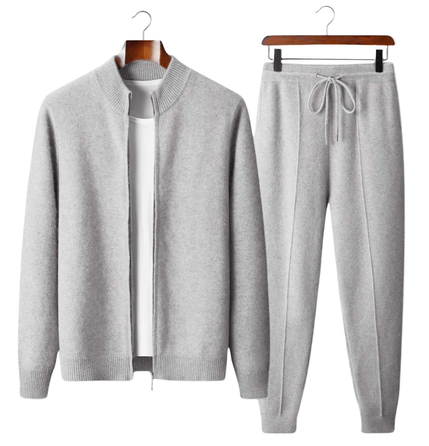 Gray sweater and jogger pants set on hangers against a white background