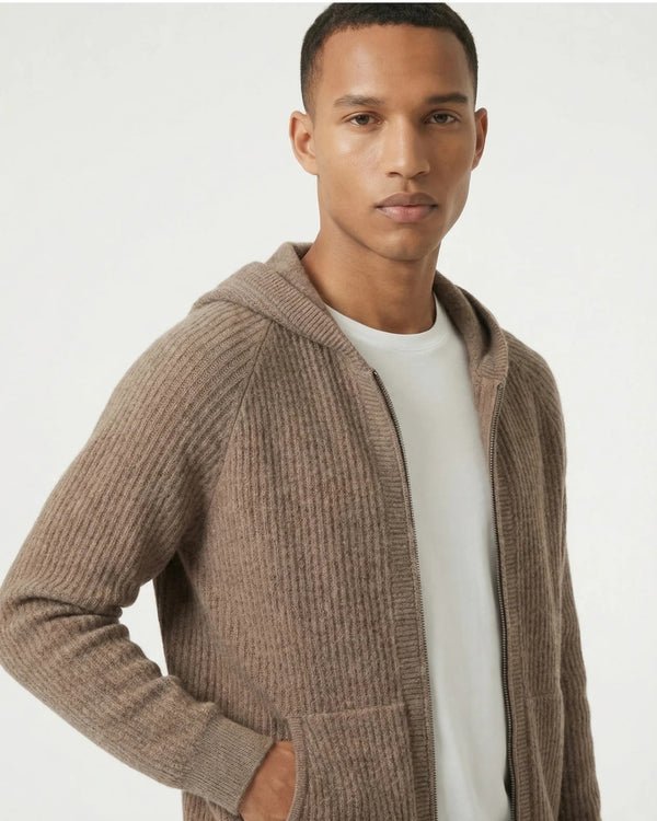 PURE MERINO WOOL RIBBED ZIPPER HOODIE - LORMIER - 