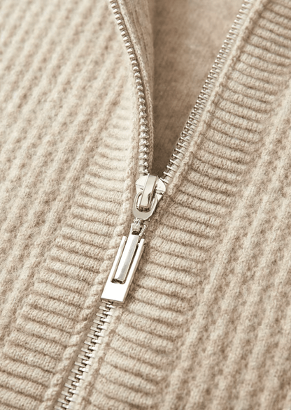 PURE MERINO WOOL RIBBED ZIPPER HOODIE - LORMIER - 