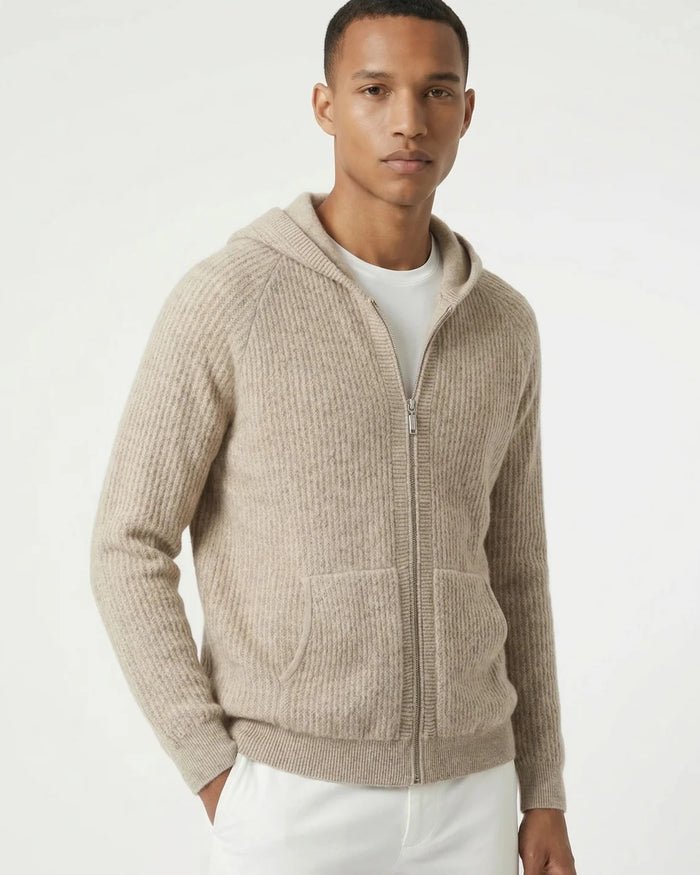 PURE MERINO WOOL RIBBED ZIPPER HOODIE - LORMIER - 
