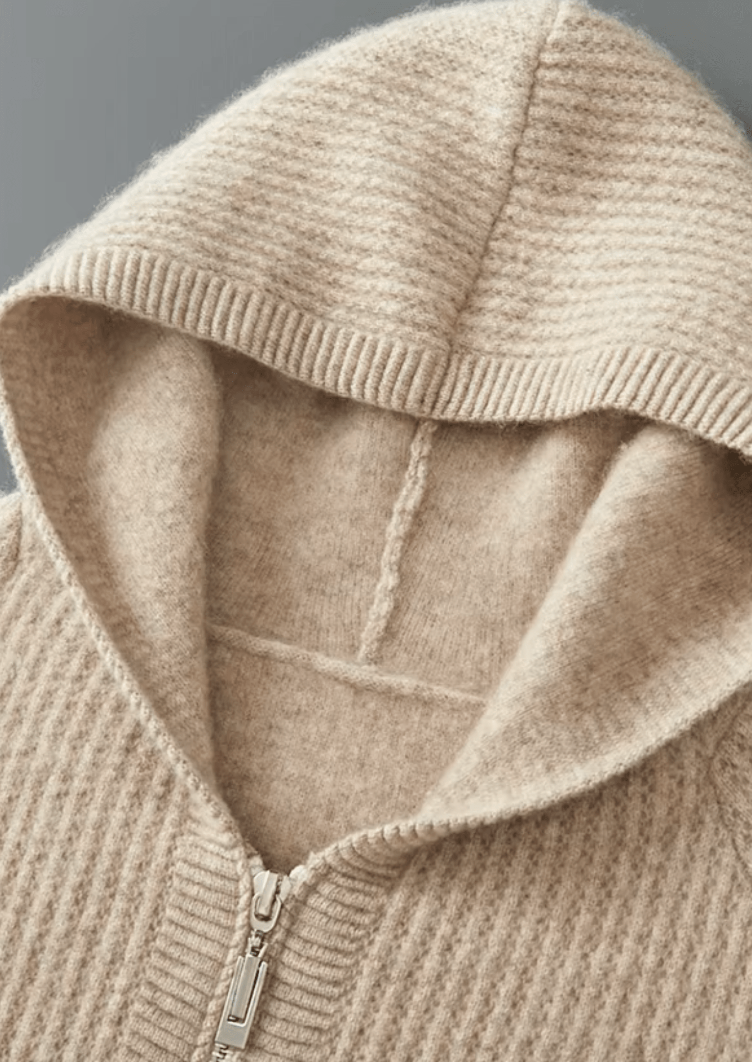 PURE MERINO WOOL RIBBED ZIPPER HOODIE - LORMIER - 