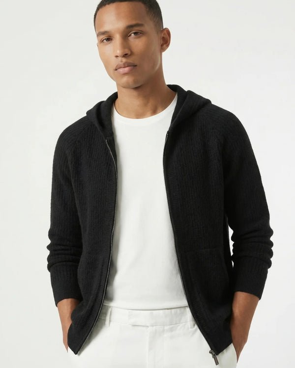 PURE MERINO WOOL RIBBED ZIPPER HOODIE - LORMIER - 