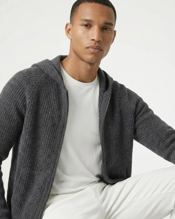 PURE MERINO WOOL RIBBED ZIPPER HOODIE - LORMIER - 