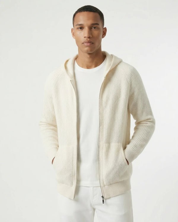PURE MERINO WOOL RIBBED ZIPPER HOODIE - LORMIER - 