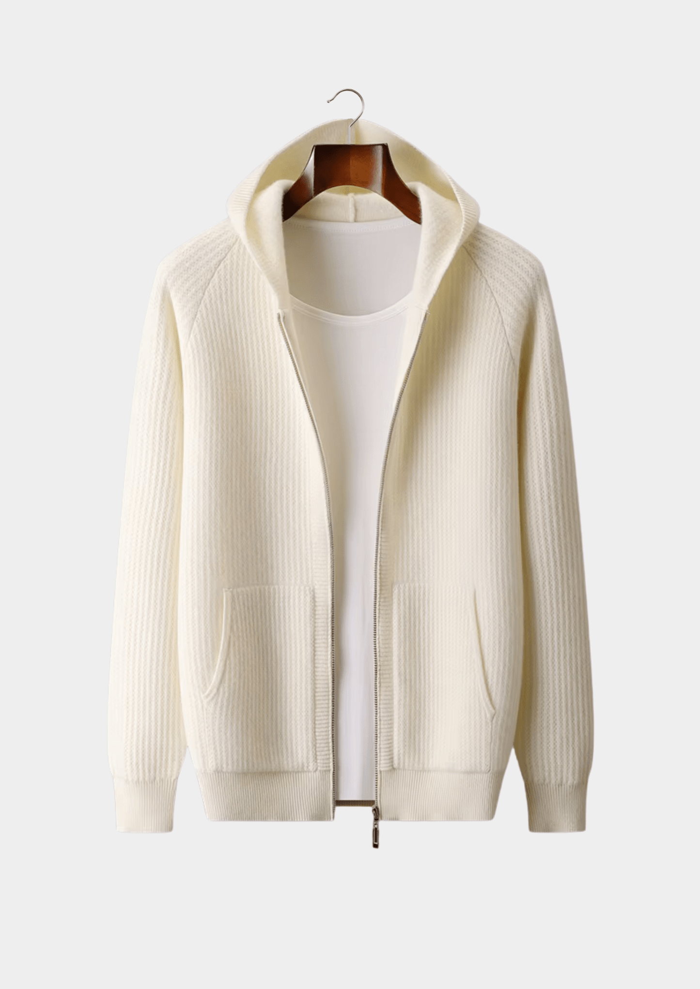 PURE MERINO WOOL RIBBED ZIPPER HOODIE - LORMIER - 