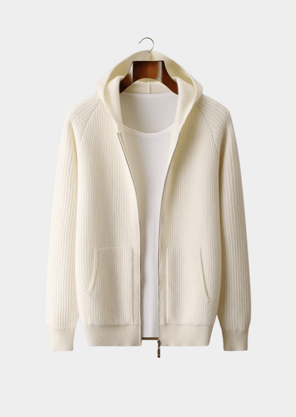 PURE MERINO WOOL RIBBED ZIPPER HOODIE - LORMIER - 