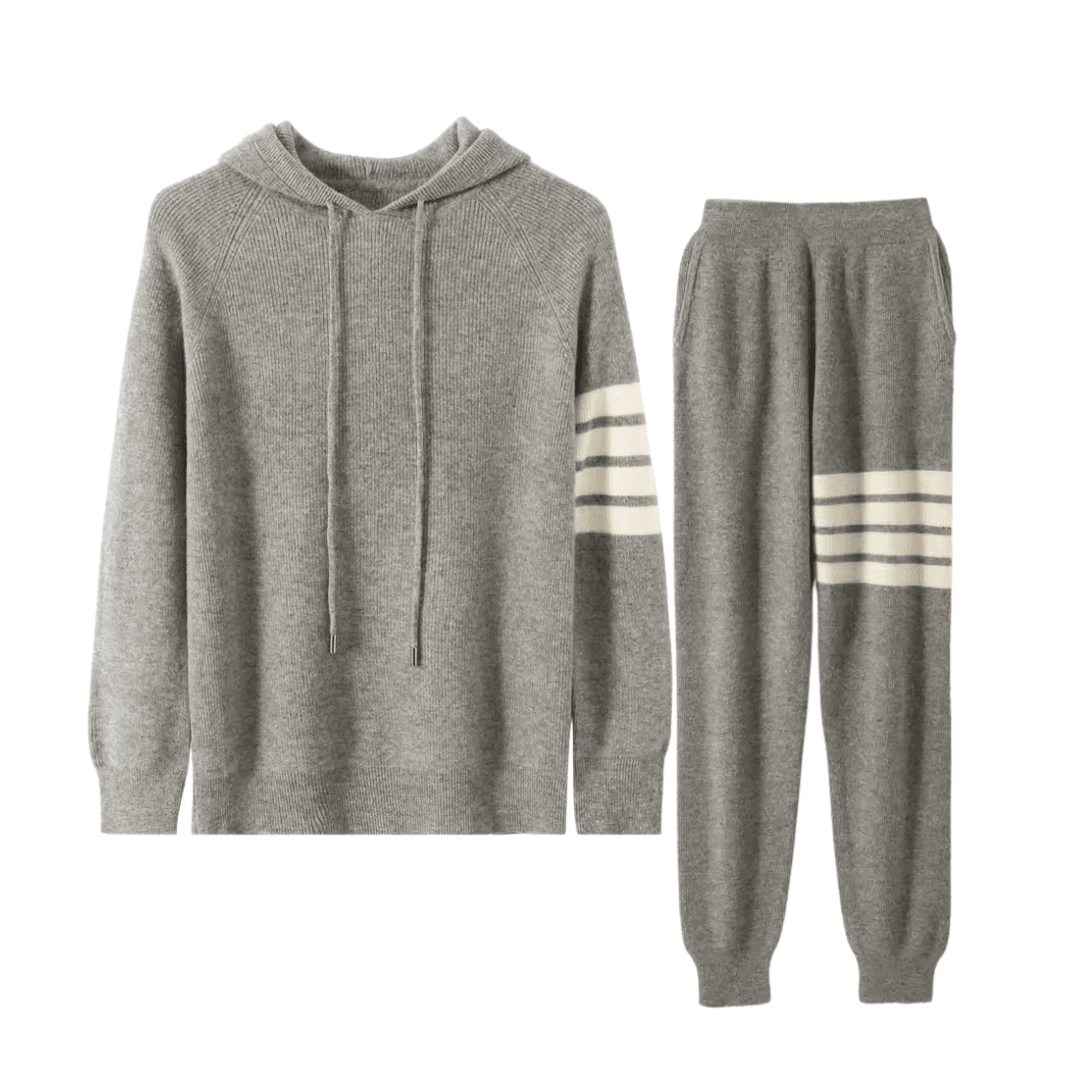 Men’s heather gray Merino wool tracksuit featuring a pullover hoodie and joggers with signature white stripes on the sleeve and thigh.