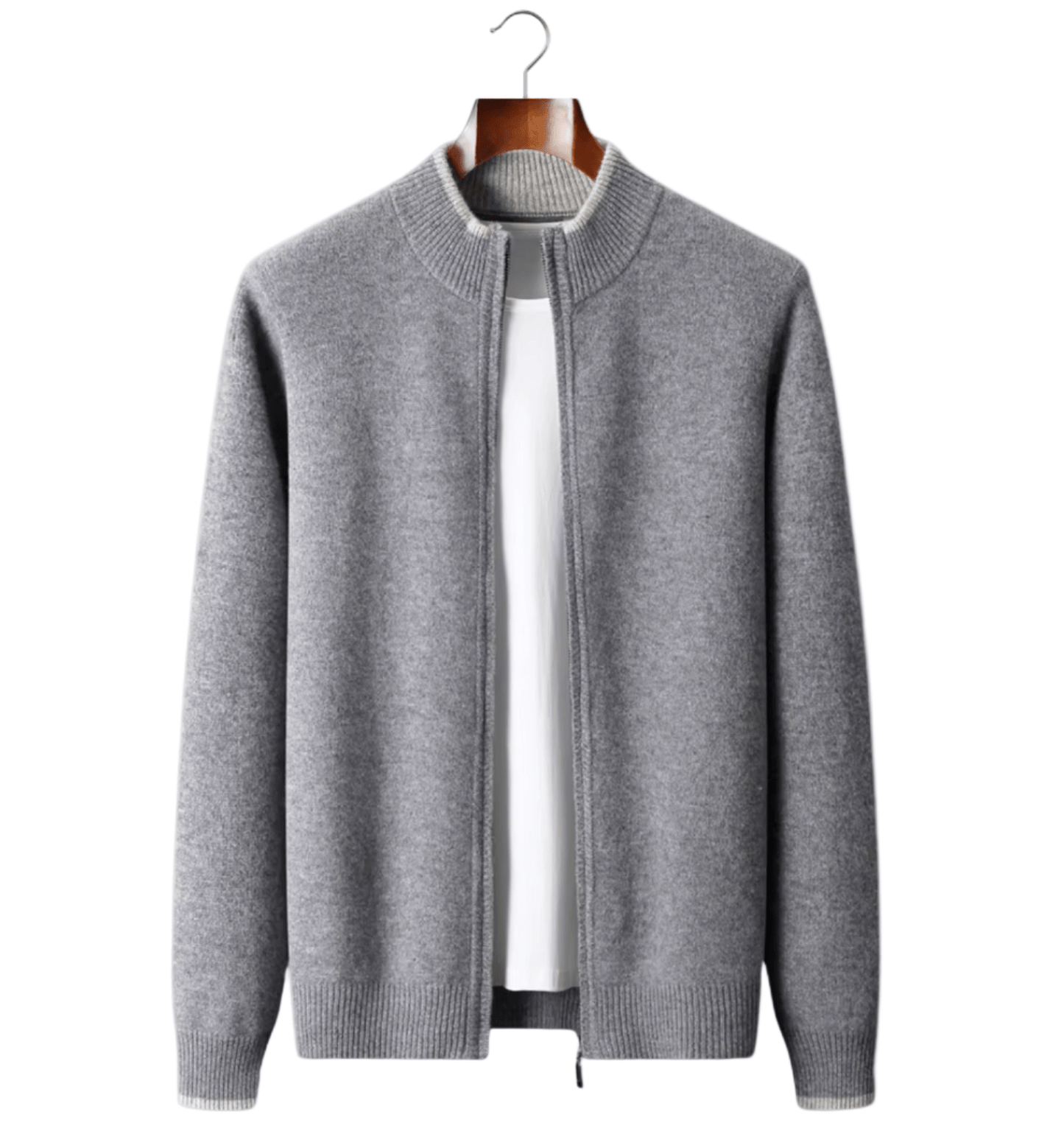 Gray zip-up sweater on a hanger against a light gray background