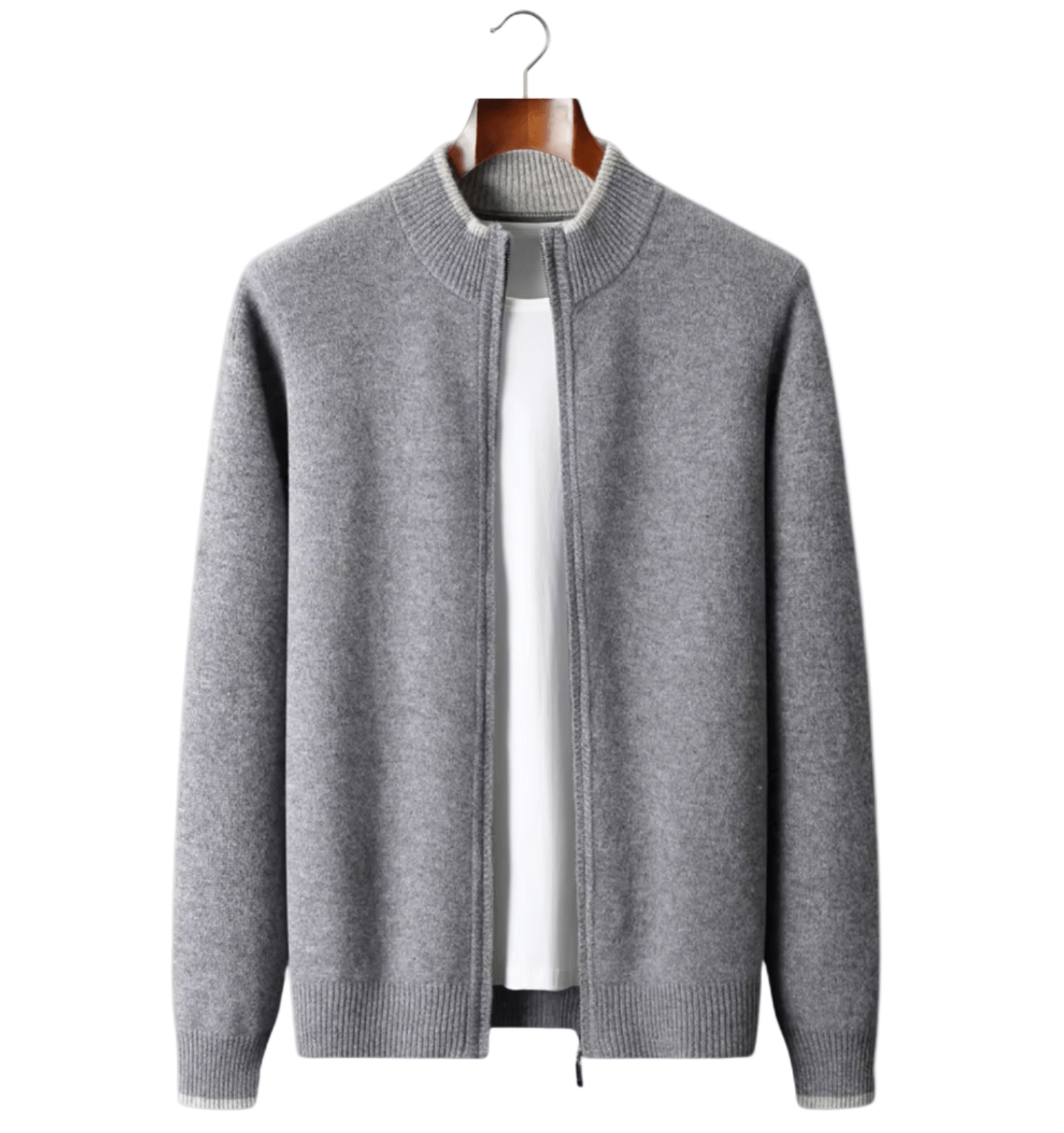 Gray zip-up sweater on a hanger against a light gray background